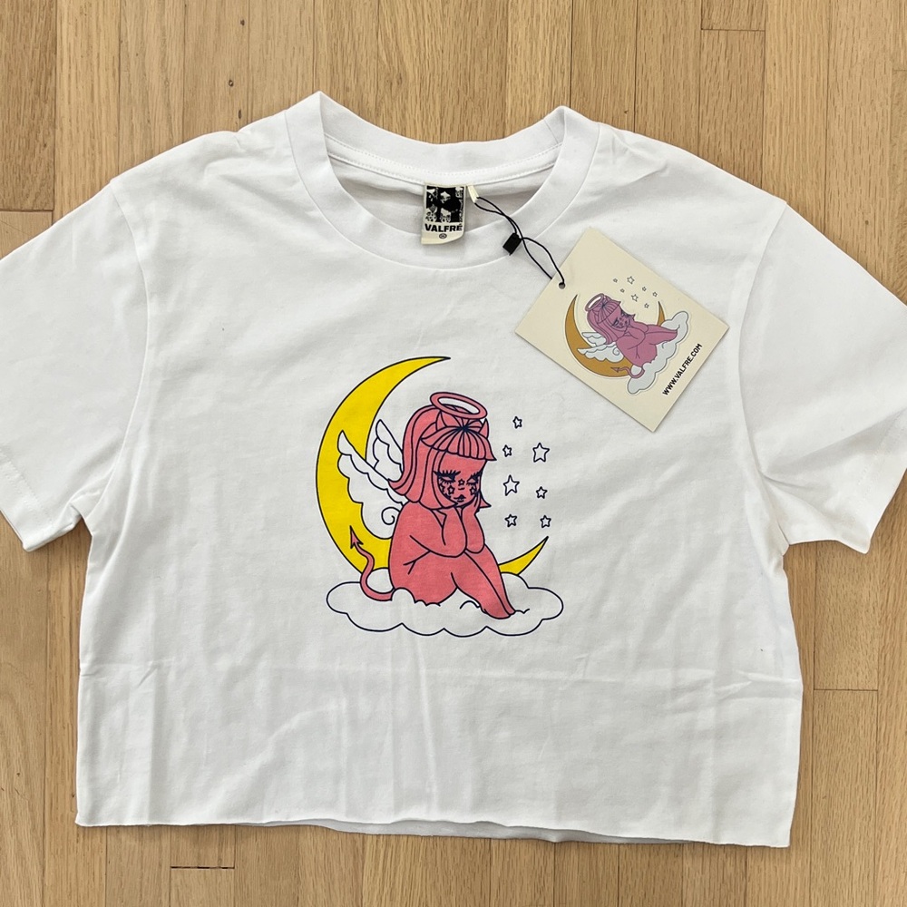 Valfre White Crop Tee with Pink Angel and Yellow Moon